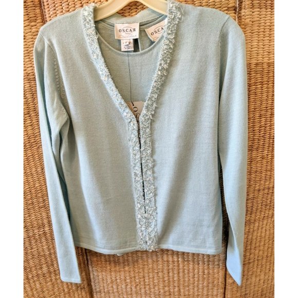 Vintage Oscar de la Renta Light Blue Cardigan Sweater Set Crystals Small NWT - Picture 1 of 6